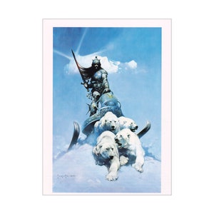 Silver Warrior Frank Frazetta vintage fantasy comic art print art Sci Fi man cave deco American artist Icevald nordic theme sled polar bears image 2