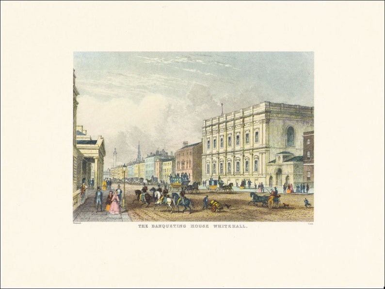 Victorian London Banqueting House Whitehall vintage print coloured engraving 7 x 9.25 inches image 1