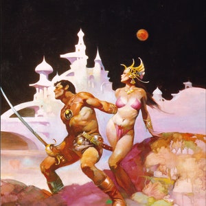 John Carter Thuvia Maid of Mars SZCZEGÓŁY Frank Frazetta vintage dark fantasy komiks okładka sztuka wydruk Sci Fi wystrój jaskini człowieka, Rice Burroughs