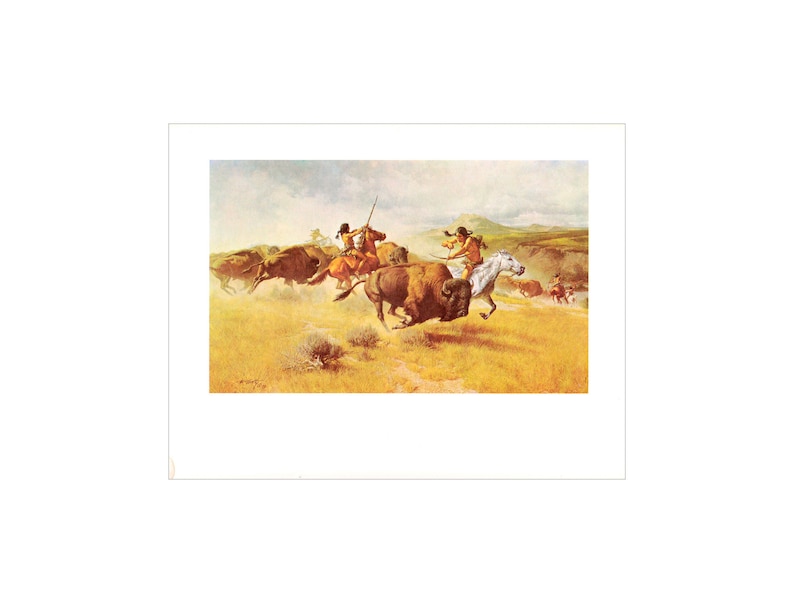 Bison hunt horseback Native Americans hunting party Western art by Frank C McCarthy vintage print Wild West theme Americas Old West