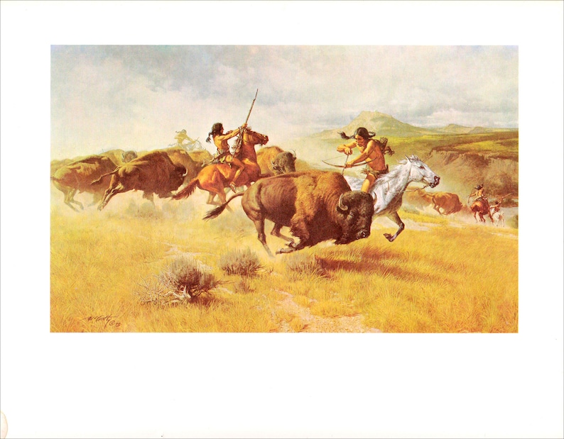 Bison hunt horseback Native Americans hunting party Western art by Frank C McCarthy vintage print Wild West theme Americas Old West
