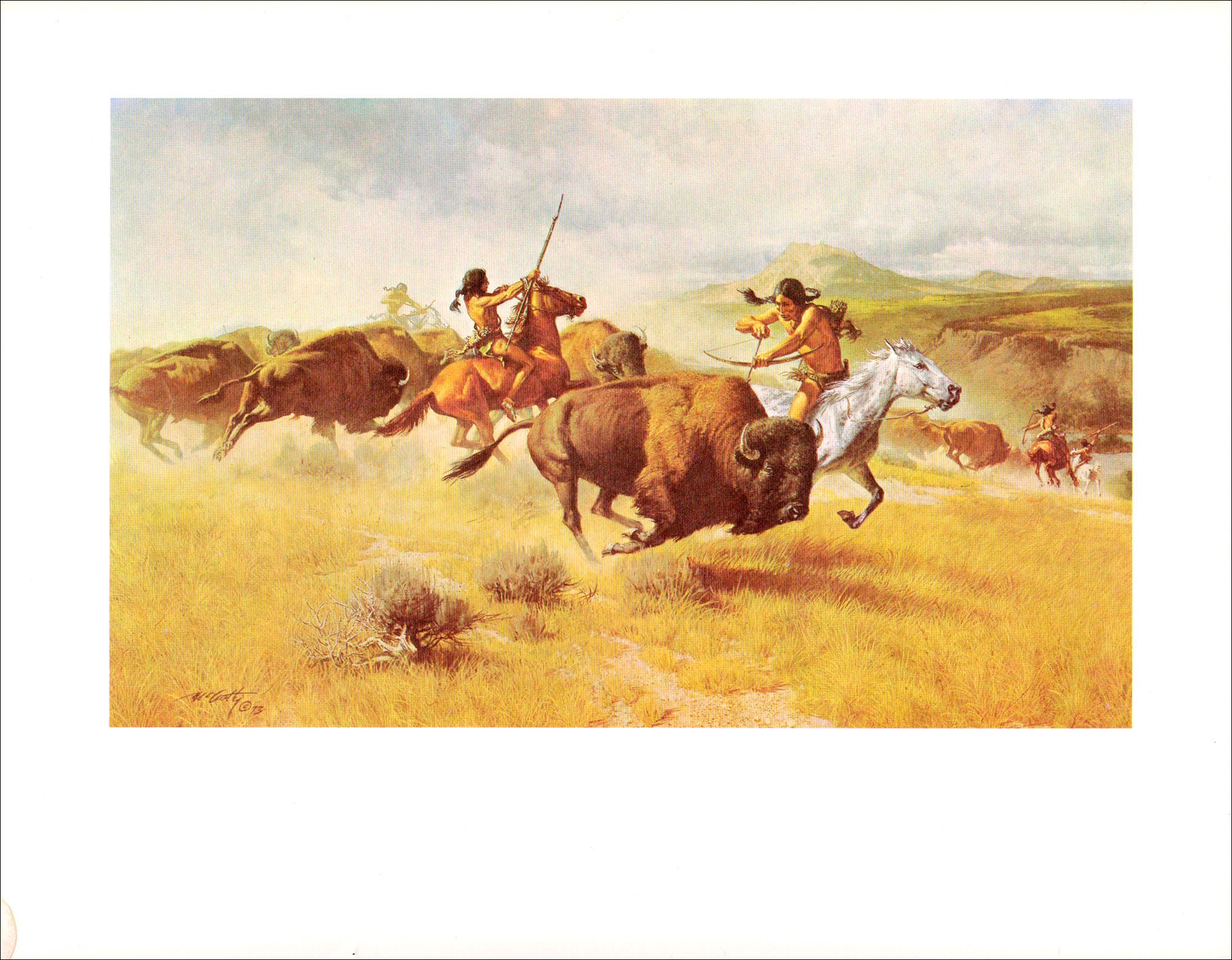 Bison hunt horseback Native Americans hunting party Western art by Frank C McCarthy vintage print Wild West theme Americas Old West