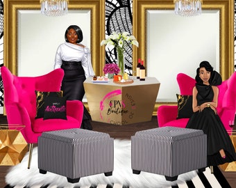 Living room scene, hot pink and gold, elements, scene design
