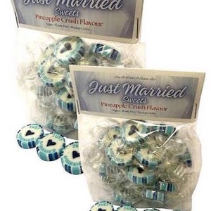 Just Married Sweets Wedding Favours Blue Wedding Candy Gift Bag Vegan Rock Sweets Pineapple Crush Flavour Wedding Guest Gifts UK