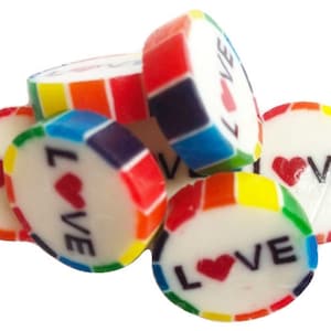 Approx 100 LOVE Rainbow Wedding Favour Individually Wrapped Rock Candy sweet with LOVE Pink Lemonade Flavour great for Pride #LGBTQ Vegan