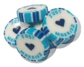 Approx 100 Turquoise & Navy Blue Wedding Favour individually wrapped Rock Candy sweets with JUST MARRIED in Pineapple Crush Flavour - Vegan