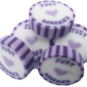 Approx 100 Lilac and Purple Wedding Favour individually wrapped rock candy sweets JUST MARRIED in Summer Fruits Flavour Vegan Gluten Free