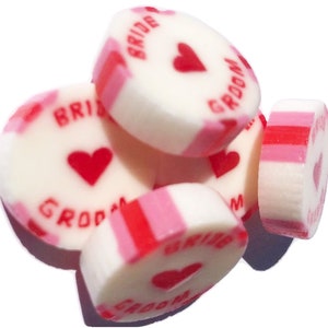 Approx 100 Red and Pink Wedding Favour individually wrapped rock candy sweets with BRIDE & GROOM in Raspberry Ripple Ice Cream Flavour Vegan