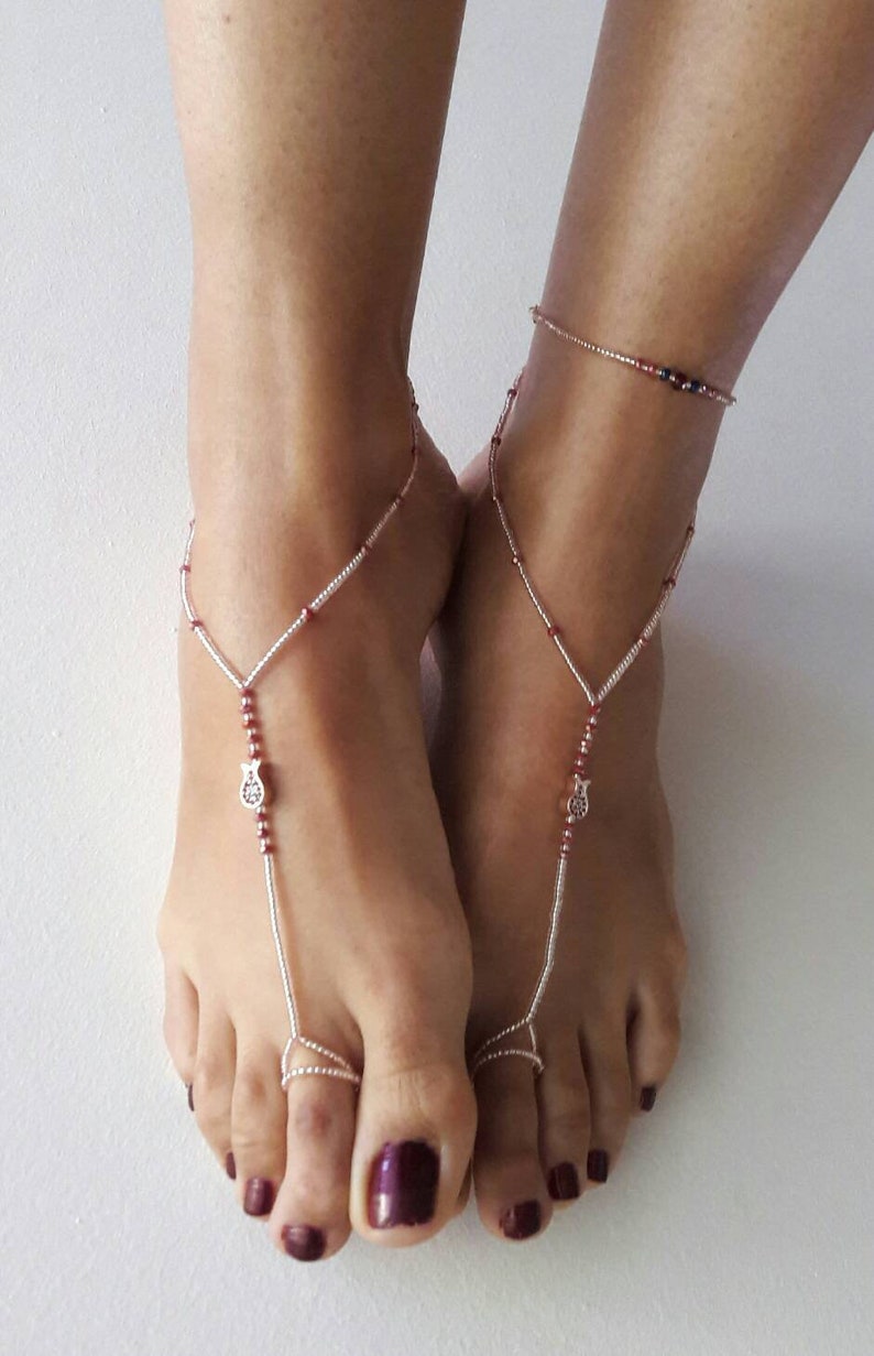 burgundy crystal,pink bead barefoot sandals tulip footwear beach accessory beaded anklet foot jewelry barefoot sandals