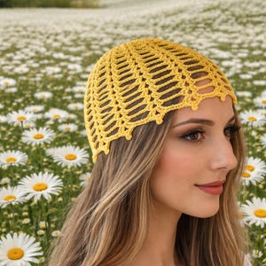 crochet yellow Mesh hat: Skull Cap, bridal hat,( The first picture was created by artificial intelligence.) bonnet en crochet fait main