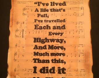 Frank Sinatra My Way, song lyric, typographic art, sheet music art, gift idea,wall art, home decor, gift for her/him, A4/A3