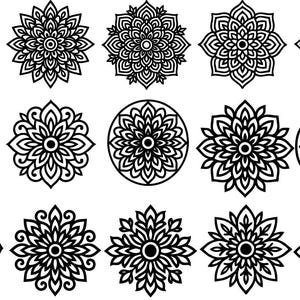 Puede incluir: Una colección de diseños de mandalas en blanco y negro. Los mandalas presentan diversas formas y estilos, incluyendo patrones circulares y florales. Los diseños son intrincados y detallados, adecuados para varios proyectos creativos.