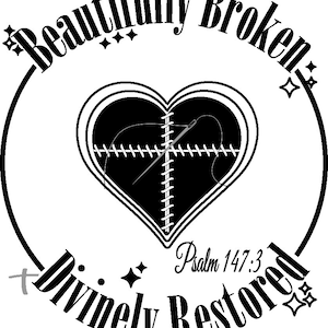 May include: A white cross with a needle and thread going through it. The cross is made of stitches.