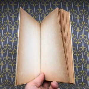May include: An open book with blank pages, the pages are slightly yellowed with age. The book is lying open on a patterned surface.