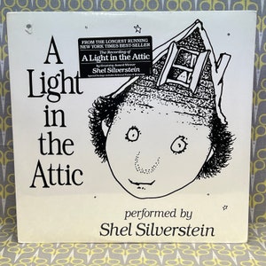 May include: Album cover for 'A Light in the Attic' featuring a black and white cartoon illustration of a face with a house on its head. The cover includes the title and the artist's name, Shel Silverstein, in black text.