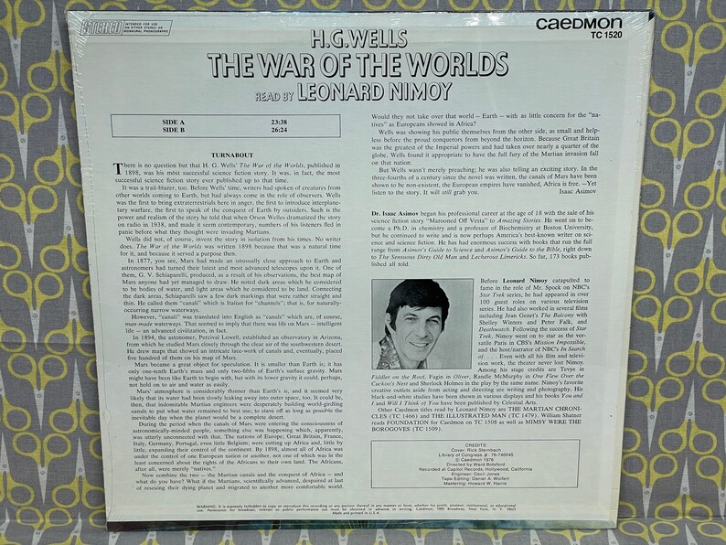 May include: A vintage record album cover featuring a black and white illustration of a Martian invasion. The album is titled "The War of the Worlds" by H.G. Wells, read by Leonard Nimoy. The back cover features a photo of Leonard Nimoy and a description of the story and the actor.