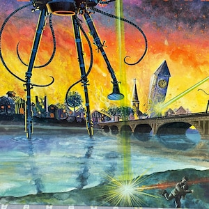 May include: A watercolor painting depicting a scene of destruction caused by alien invaders. Three large, metallic tripod-like machines with long, spindly legs and glowing beams are attacking a town. The town is engulfed in flames and smoke, and the sky is a fiery orange and yellow. A bridge spans a river in the foreground, and a person runs away from the scene.