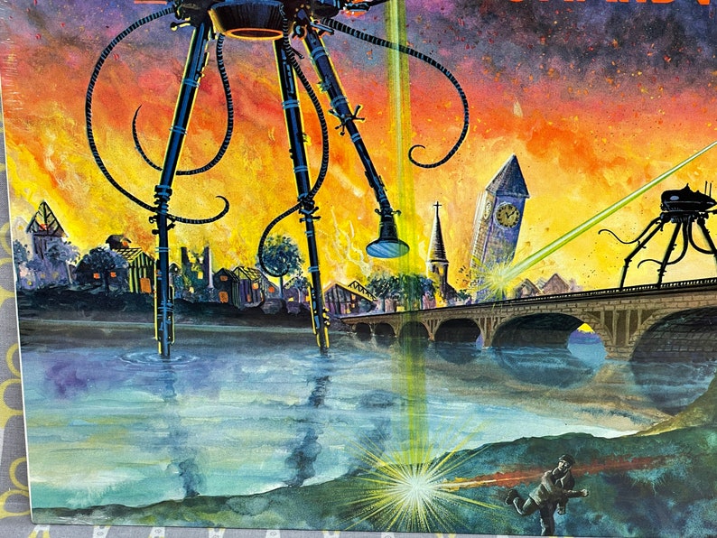 May include: A watercolor painting depicting a scene of destruction caused by alien invaders. Three large, metallic tripod-like machines with long, spindly legs and glowing beams are attacking a town. The town is engulfed in flames and smoke, and the sky is a fiery orange and yellow. A bridge spans a river in the foreground, and a person runs away from the scene.