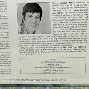May include: A black and white photo of Leonard Nimoy, known for his role as Mr. Spock in the Star Trek series. The photo is from a record album cover and includes text about his career and other works, including "The Martian Chronicles" and "The Illustrated Man".
