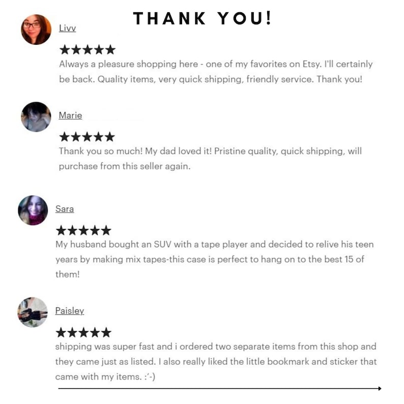 May include: A screenshot of customer reviews for an Etsy shop. The reviews are positive and highlight the quality of the products, quick shipping, and friendly service. The text includes the words "Thank you!" and "Pristine quality, quick shipping".