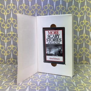 Puede incluir: Un libro de tapa dura titulado "MORE SCARY STORIES to Tell in the Dark" de Alvin Schwartz, exhibido dentro de una caja de cart&oacute;n blanca. La portada del libro presenta una ilustraci&oacute;n oscura y espeluznante de una escena forestal.