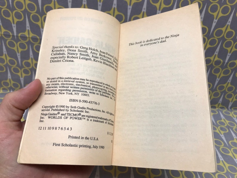 May include: A book with a white cover and black text. The title is "Ninja Gaiden" and the text on the back cover includes the ISBN number 0-590-43776-3 and the copyright information. The book is dedicated to the Ninja in everyone's dad.