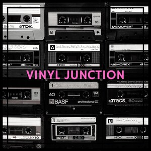 May include: A collage of vintage audio cassette tapes with various labels, including TDK, Memorex, Maxell, and BASF. The tapes are arranged in a grid pattern and have a black and white color scheme. The text "VINYL JUNCTION" is written in pink letters across the middle of the image.