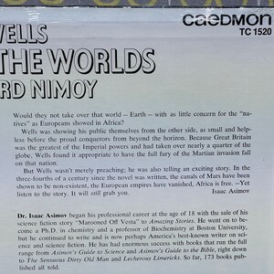May include: A black and white record album cover with the title "H.G. Wells War of the Worlds" and the name "Leonard Nimoy" in large white letters. The album cover features a white background with black text describing the story and the author.