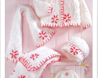 Vintage Baby Sirdar Snowflake Chunky Baby Jacket, Hat, Scarf and Blanket Knitting Pattern - Sirdar Knitting Pattern 3984