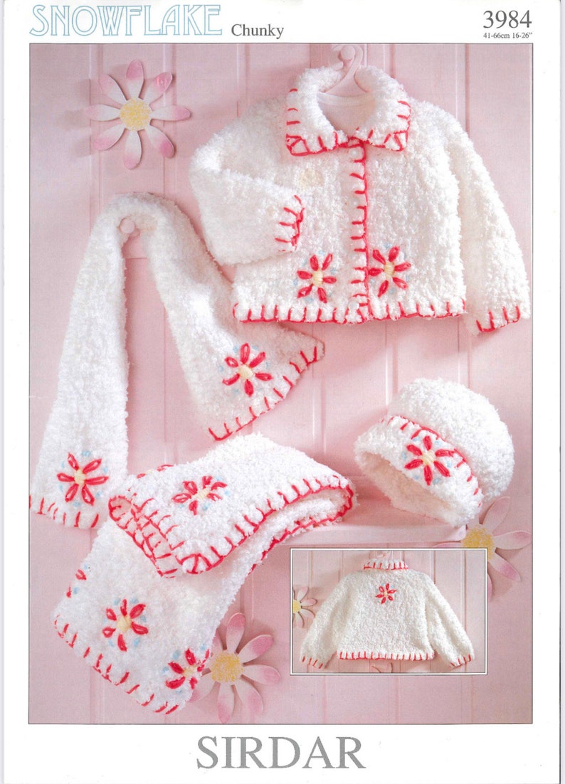 Vintage Baby Sirdar Snowflake Chunky Baby Jacket, Hat, Scarf and Blanket Knitting Pattern Sirdar Knitting Pattern 3984 image 1