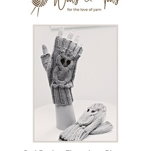 May include: Gray knitted fingerless gloves with an owl design. The gloves are displayed on a mannequin hand and a flat surface. The text "Owl Pacino Fingerless Gloves" is visible.