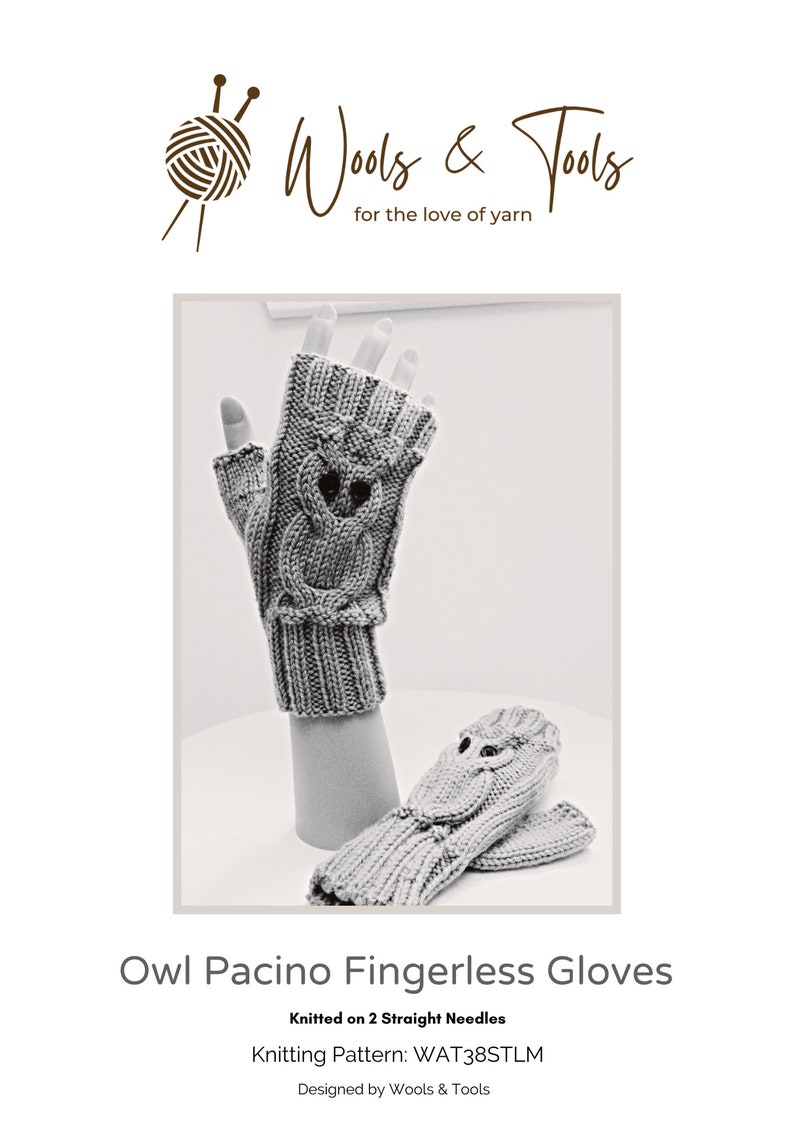 PRINTED Owl Pacino Fingerless Gloves Knitting Pattern TLM Knitted on two straight needles Permission to Sell Finished Products image 1