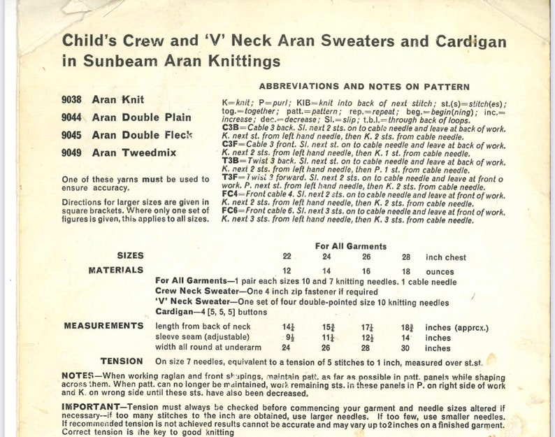 Vintage Childrens Crew and V-neck Aran Sweaters & Cardigan ENHANCED REPRINT of a Vintage Sunbeam Knitting Pattern image 2