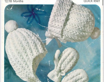 Vintage Baby Bonnet, Helmet and Mittens Knitting Pattern, Vintage Sirdar knitting pattern, Sirdar Knitting Pattern 3058, Size 12-18 Months