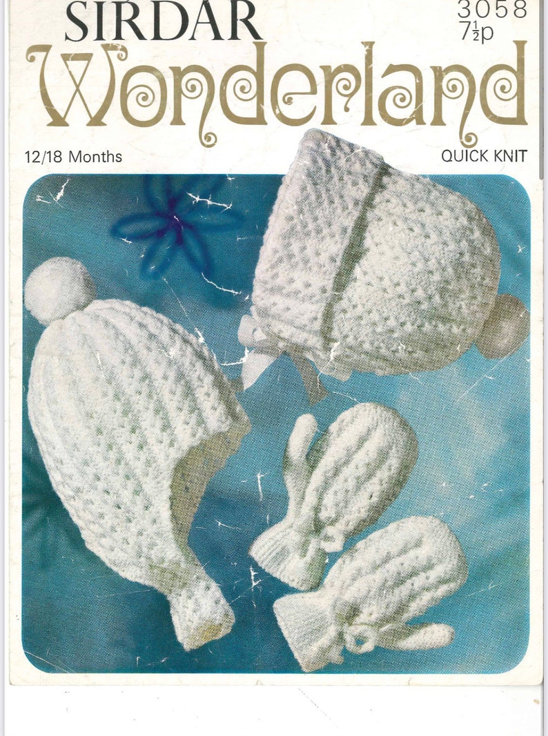 Vintage Baby Bonnet, Helmet and Mittens Knitting Pattern, Vintage Sirdar knitting pattern, Sirdar Knitting Pattern 3058, Size 12-18 Months image 1
