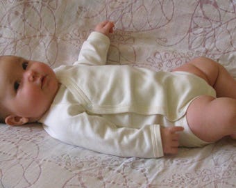 Organic Cotton Baby Kimono/Bodysuit - Long Sleeve - 0-3m, 3-6m, Natural Undyed Baby Clothes