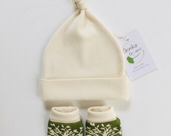 Organic Cotton Baby Knot Hat & Mittens Set with Tree Print Mittens