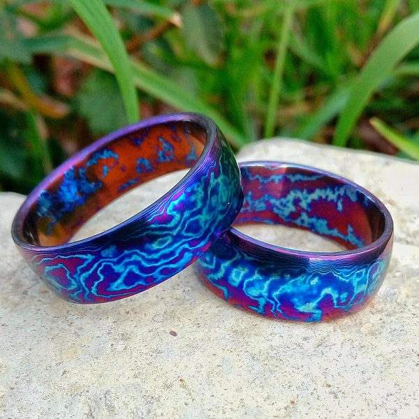 damascus wedding ring, titanium mokume gane band, hand forged made in Italy, customizable in all sizes