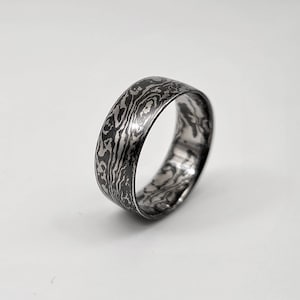 Zirconium Damascus Ring, Titanium mokume gane wedding band, hand forged made in italy, customizable in all sizes