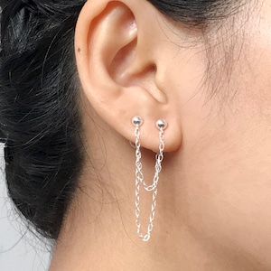 Double Piercing Earring Two Hole Earring Ear Jacket Ear Climber Delicate Earring Double Chain Earring Minimal Earring image 2