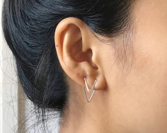 Double Piercing Two Hole Earring | Double Chevron Earrings | V Earrings | Ear Jacket | Ear Crawler | Delicate Earring | Minimal Earring