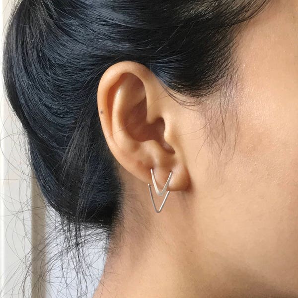 Double Piercing Two Hole Earring | Double Chevron Earrings | V Earrings | Ear Jacket | Ear Crawler | Delicate Earring | Minimal Earring