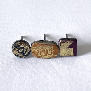 Mismatch Triple Earring Set &quot;YOU&quot; Print | Small Leather Geometric Studs | Textured Leather Studs | Mix and Match Studs
