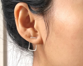Double Piercing Two Hole Earring | Minimal Earring | Abstract Square Earrings | Geometric Ear Jacket | Silver Ear Crawler | Delicate Earring
