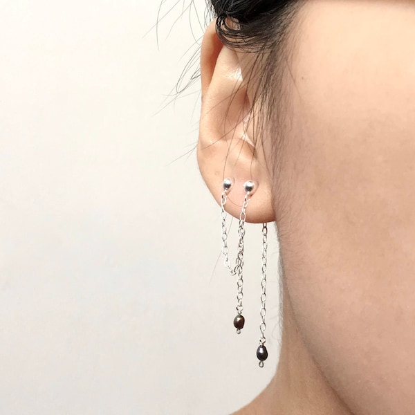 Boucle d'oreille perle double piercing | Boucle d'oreille deux trous | Cache-oreilles | Oreille grimpeur | Boucle d'oreille délicate avec perles | Boucle d'oreille chaîne | Boucle d'oreille minimale