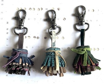 Leather Tassel Keychain | Blue Green Leather Fringe Key Chain Ring Charm