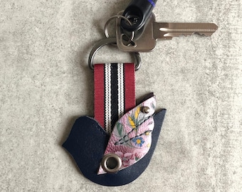 Personalised Monogram Leather Keychain Navy Bird Design Key Fob Cord Organiser | Leather Cord Keeper | Bird Keyring Cord Holder