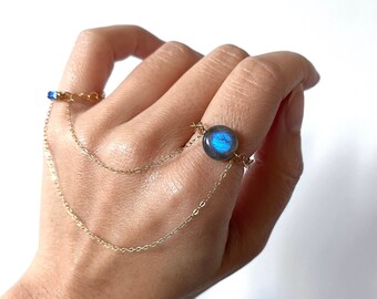 Gold-filled Delicate Two-Chain Linked Rings | Blue Stones Dangle Chain Statement Rings | Made to Size | Knuckle Chain Ring