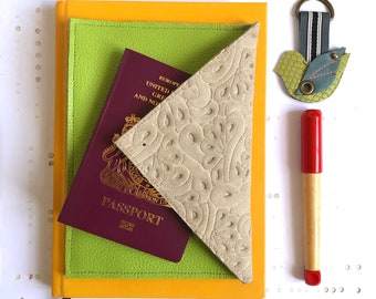 Passport Holder Leather Envelope Wallet | Cream and Lime Green Passport Cover | Family Travel Wallet Document Holder | 3rd Anniversary Gift