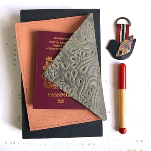 Passport Holder Leather Envelope Wallet | Pink and Grey Passport Cover | Family Travel Wallet Document Holder | 3rd Anniversary Gift